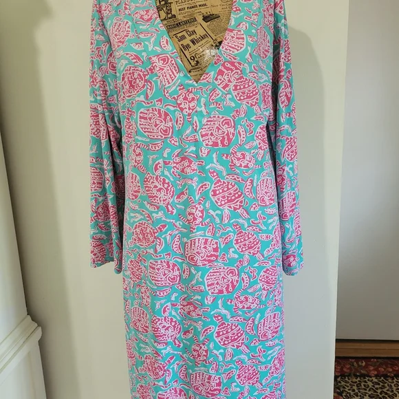 Elegant V-Neck Long Sleeve Dress - Pink and Blue - Picture 2 of 4